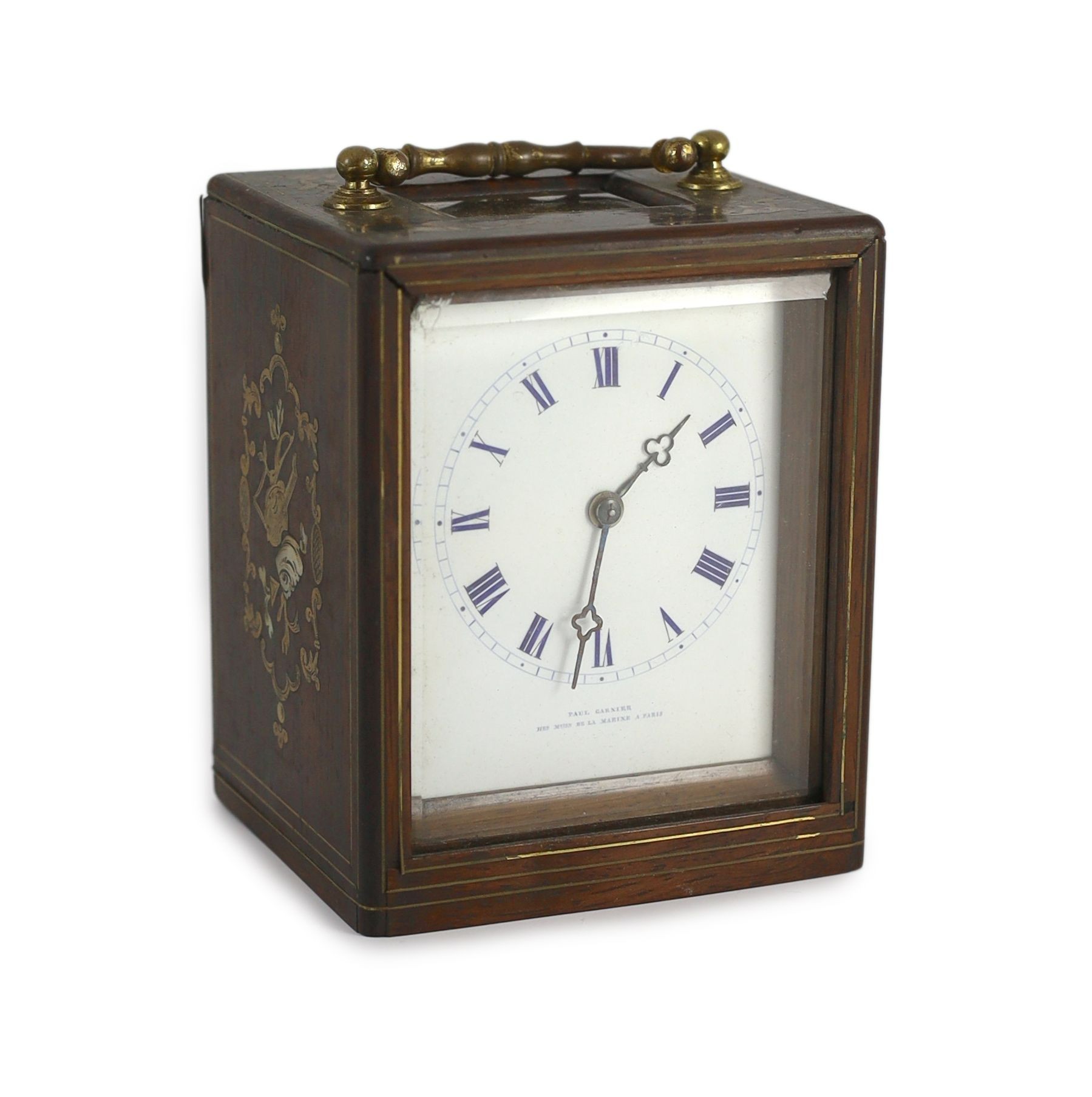 Paul Garnier of Paris. A mid 19th century French inlaid rosewood travelling carriage timepiece, height of case 14.5cm, width 11cm depth 9.5cm